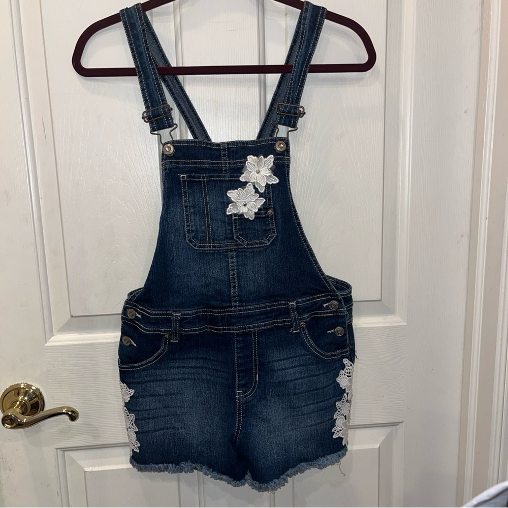 JORDACHE Blue Denim Bib Overalls White Floral Lace Appliqués Girl’s XL 14-16